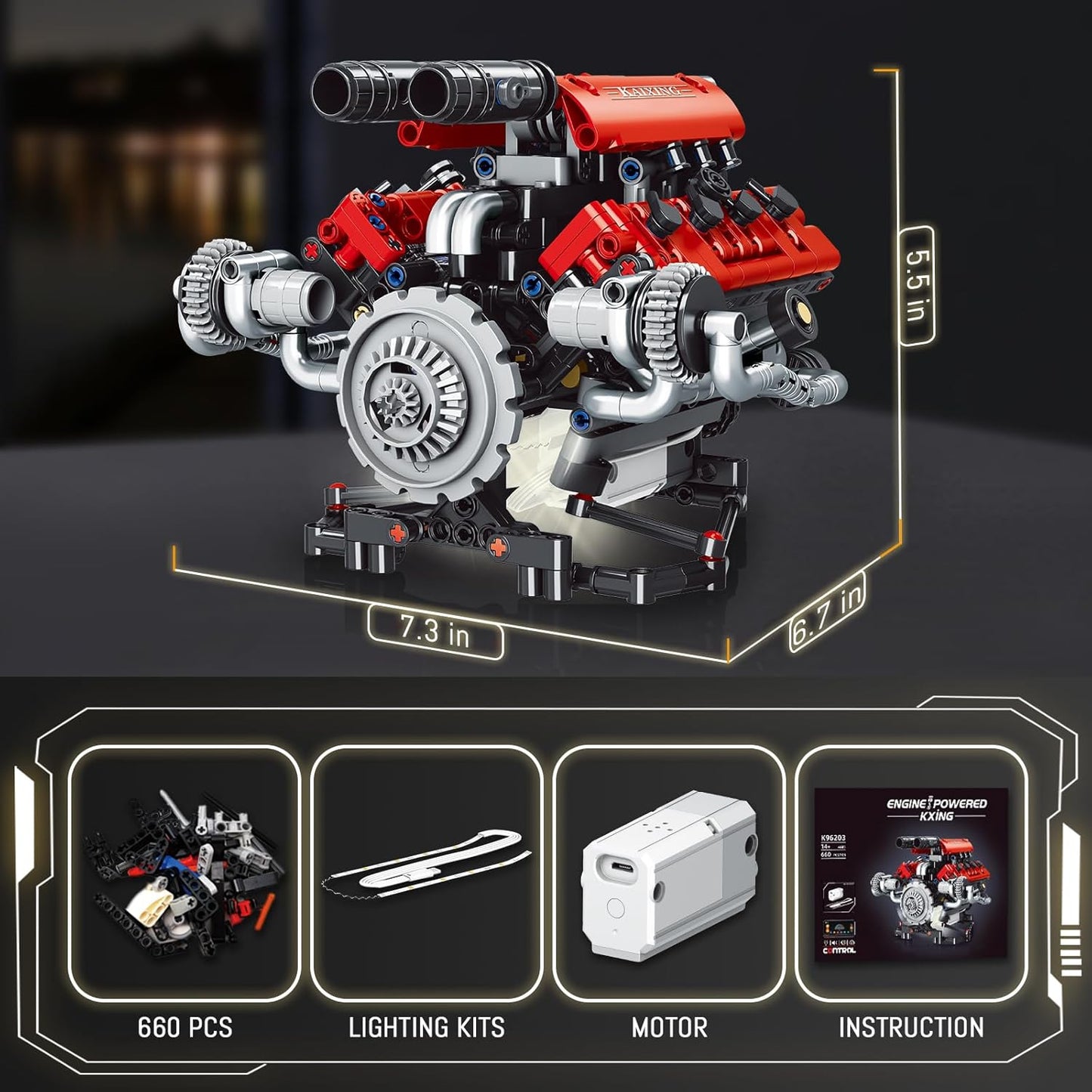 OWNONE 1 V8 Engine Model Kit that Work - 8-Cylinder Visible Engine Building Blocks Set with Motor, LED Light & APP Control - Build Your Own Engineering Kit, STEM Project for Adults & Kids (660 PCS)