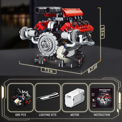 OWNONE 1 V8 Engine Model Kit that Work - 8-Cylinder Visible Engine Building Blocks Set with Motor, LED Light & APP Control - Build Your Own Engineering Kit, STEM Project for Adults & Kids (660 PCS)