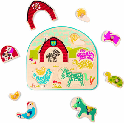B. toys – 4 Wooden Peg Puzzles – Dinosaurs, Sea Animals, Vehicles, Farm – Puzzles for Toddlers, Kids – 18+ Months