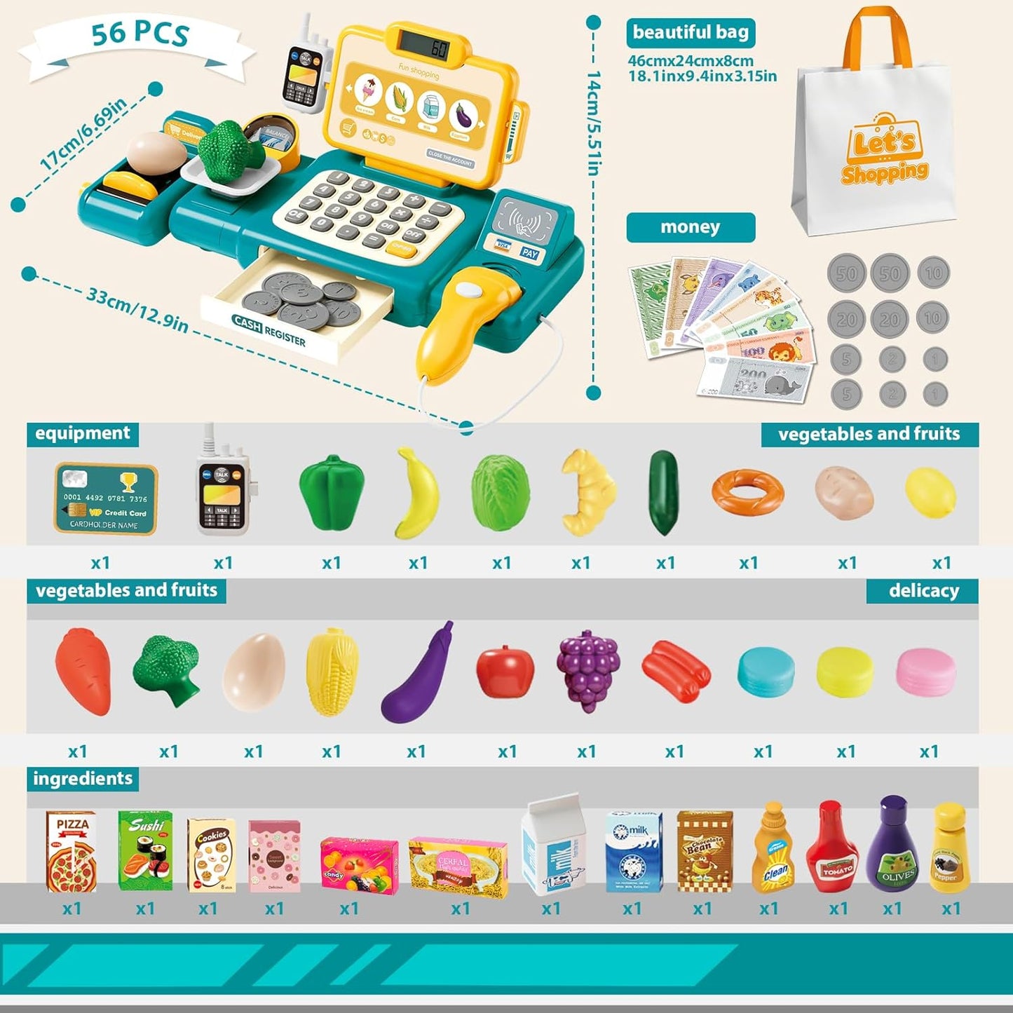 Cash Register Toy for Kids,Toddler Pretend Play Store with Real Calculator,Scanner,Play Food, Money & Credit Card,Supermarket Checkout Set, Math Skills Learning Toys,Birthday Gift for Boys Girls-Red