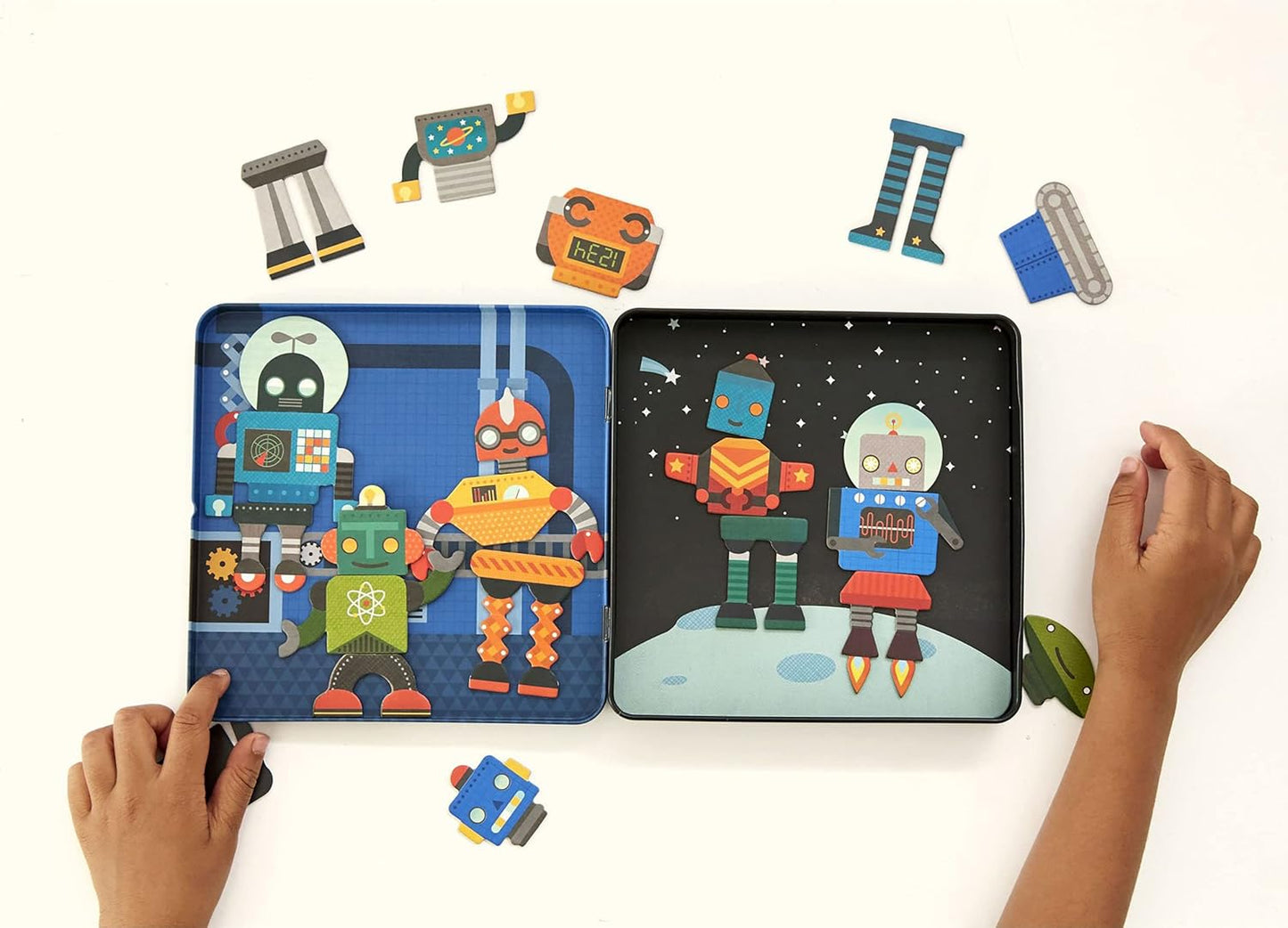 Petit Collage Magnetic Play Set, Robot Remix – Mix & Match Magnetic Game Board, Ideal for Ages 3+ – Includes 2 Magnetic Scenes and over 25 Magnet Pieces, Ideal Travel Activity for Kids