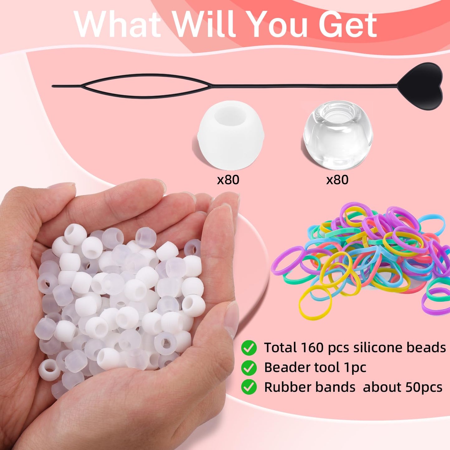 150Pcs 10mm Small Silicone Beads for Hair Braids, Soft Jellyish Pony Hair Beads with 5mm Hole + 50 Rubber Bands and 1 Beader for Braiding, DIY Bracelets Necklaces Crafts (Pink)