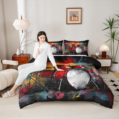 Erosebridal Drum Kit 3D Print Kids Comforter Sets Rock Music Themed Full Bedding Set for Boys Girls Musical Pattern Comforter Set,Colorful Retro Style Quilt Duvet 3 Pcs