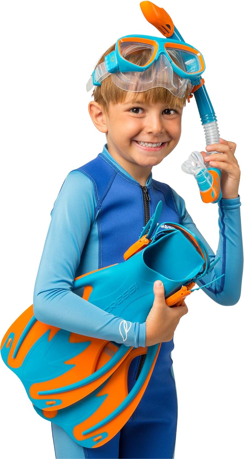 Cressi Junior Snorkel Kit for Kids Ages 3 to 8 - Mask + Dry Snorkel + Adjustable Fins + Net Bag – Rocks Kids Set