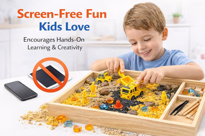 Construction Sensory Bin for Kids - DIY Jr Putty Explorers Wooden Sensory Play Kit with Play Sand, Trucks, Tools & Gems - Montessori STEM Fine Motor Toy for Toddlers & Preschool Boys 3+