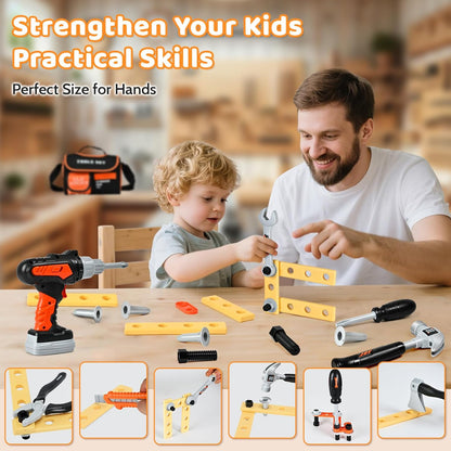 Kids Tool Set 49 PCS, Portable Tool Bag with Battery Powered Toy Drill & Adjustable Belt, Pretend Play Toddler Tool Set, Construction Toys for Boys & Girls Age 3-8, STEM Gifts