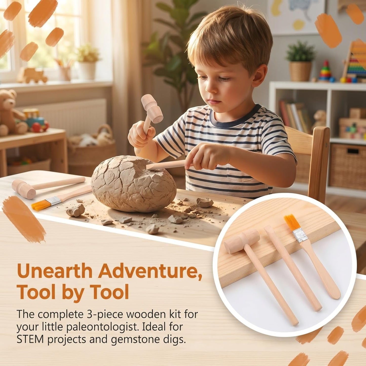 DOITOOL 9 Pcs Wooden Excavation Tools for Kids, Dinosaur Dig Kit with Mini Hammer Chisel Brush Scraper, Stem Science Gemstone Toys
