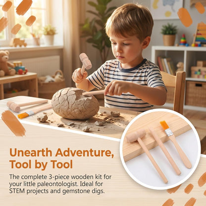DOITOOL 9 Pcs Wooden Excavation Tools for Kids, Dinosaur Dig Kit with Mini Hammer Chisel Brush Scraper, Stem Science Gemstone Toys