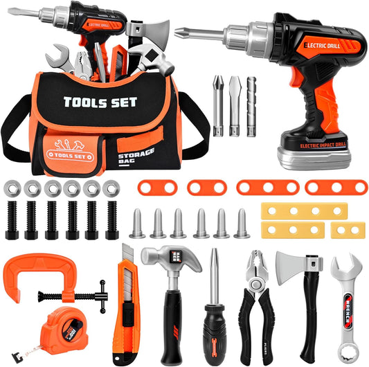 Kids Tool Set 49 PCS, Portable Tool Bag with Battery Powered Toy Drill & Adjustable Belt, Pretend Play Toddler Tool Set, Construction Toys for Boys & Girls Age 3-8, STEM Gifts