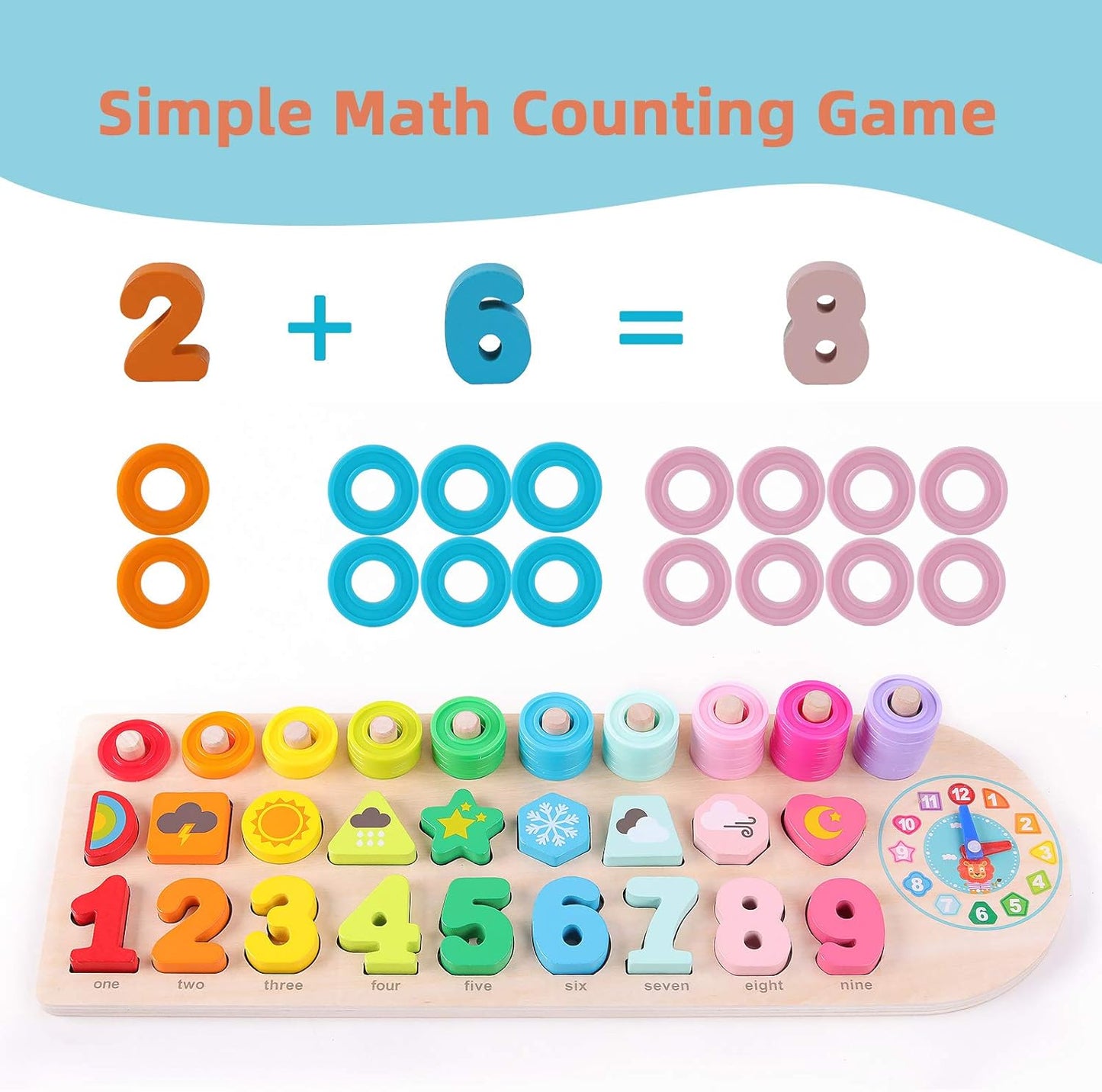 QZMTOY Counting Shape Stacker Wooden Count Sort Stacking Tower with Wood Colorful Number Shape Math Blocks for Kids Preschool Educational Toddlers Toy