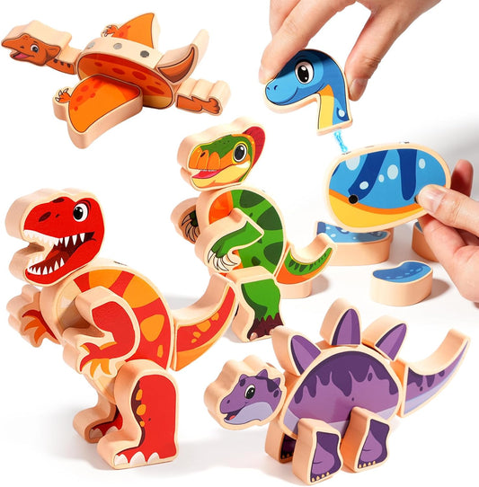 INIFEIDALA Magnetic Wooden Dinosaur Building Blocks,Take Apart STEM Montessori Educational Toy,Fine Motor Skills Development Ages 3-6,Hand-Eye Coordination