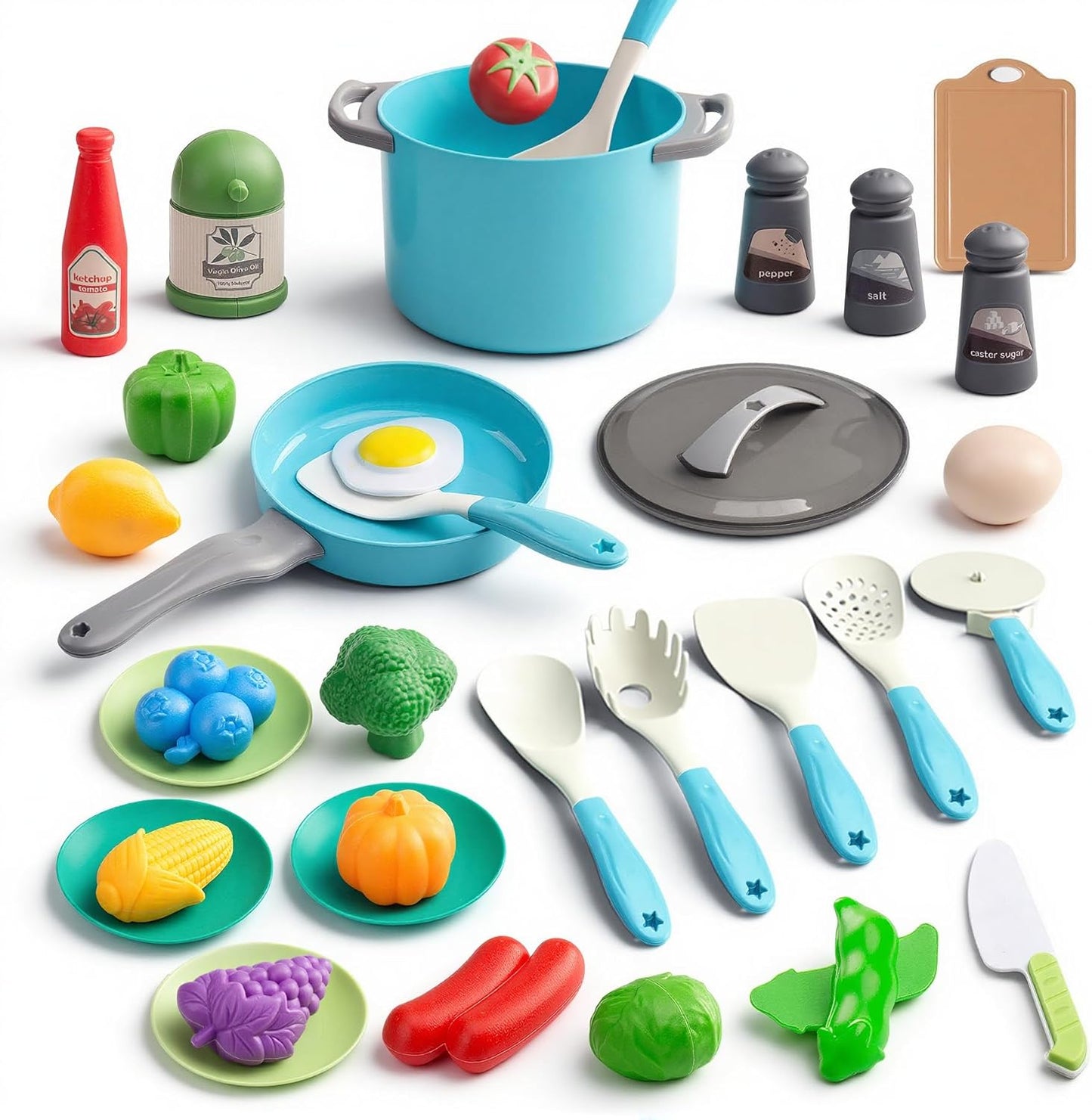 150Pcs Kitchen Playset, Toddlers Pretend Cooking Cookware Accessories, Food, Picnic Blanket, Fruits, Veges, 2Pack Shopping Storage Basket, Dessert and Prop Money, Gift for Kids (Pink)