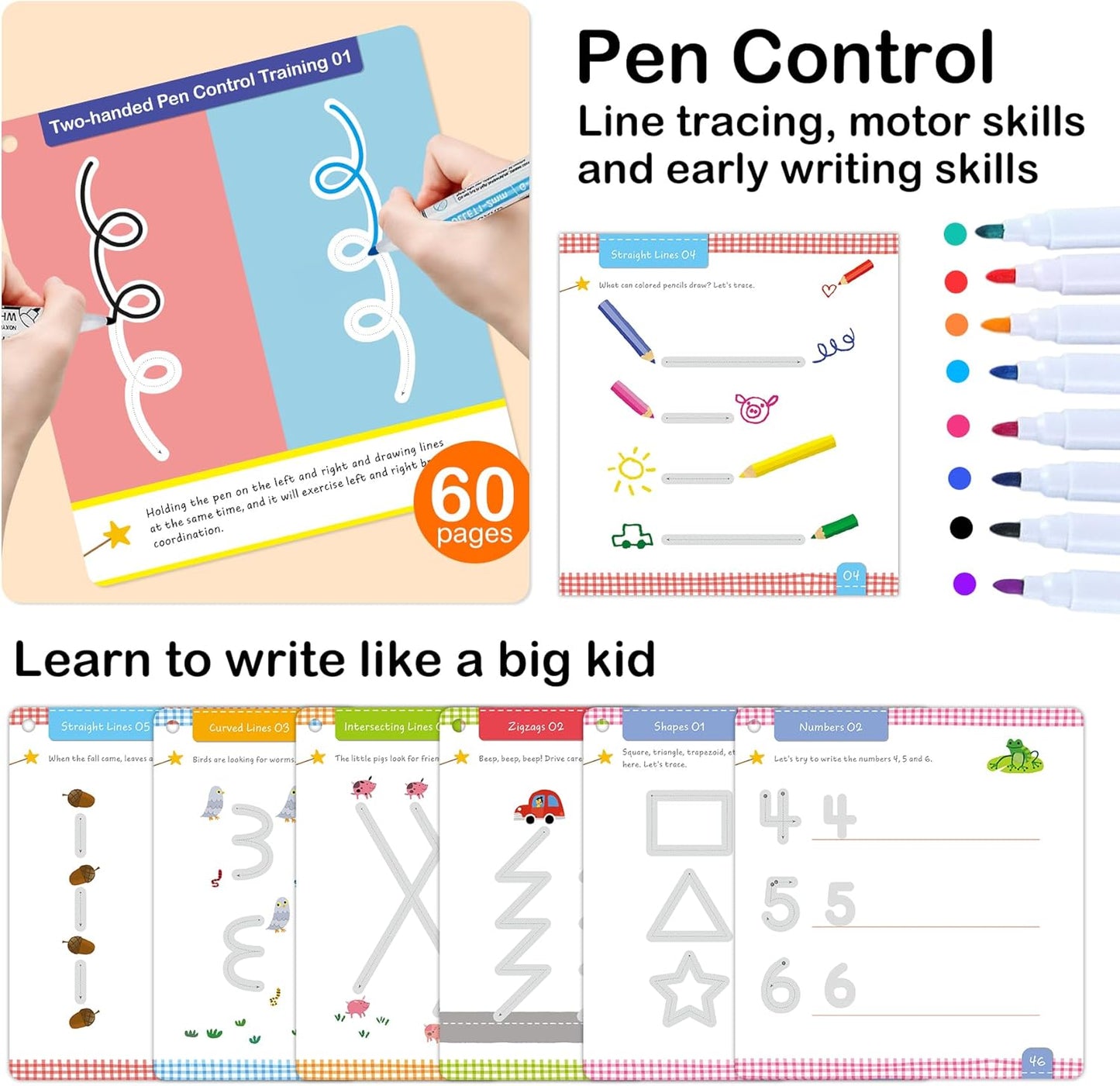 ElitePanda Preschool Learning Activities – 30 Dry Erase Cards (60 Pages), Handwriting Practice & Fine Motor Skills, Letter and Number Tracing for Kids, Learning Toys for Ages 3–5