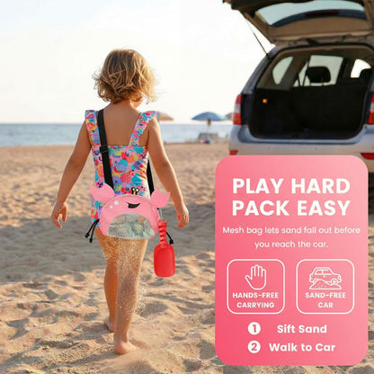 AMOR PRESENT Mesh Baby Beach Bag, Shell Collecting Bag with Shovel Crab-Shaped Adjustable Strap for Holding Shell Sea Pool Sand Toy, Blue