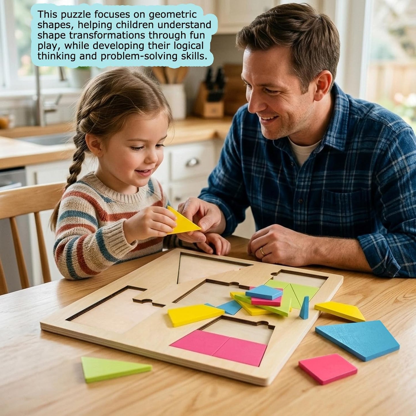 KINGOU 4 in 1 Wooden Tangram Puzzles for Kids Ages 3-8, 8 Play Modes Large Pattern Blocks Logic IQ Game, Montessori STEM Jigsaw Toy for Home & Classroom