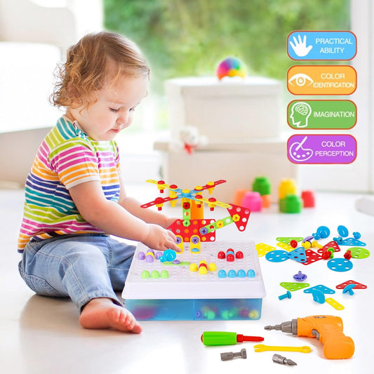 Haifeng Creative Mosaic Tool Kit with Electric Drill, 223PCS STEM Drill Set 3D Building Blocks for Kids, Montessori Educational Construction Toys, Birthday Gift for Boys Girls Ages 3 4 5 6 7 8 10