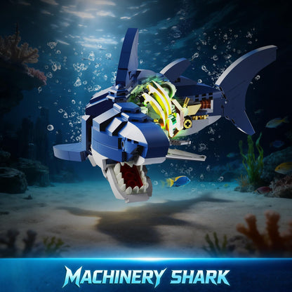 INSOON Mechanical Shark Building Set with LED Light, 687 PCS Movable Ocean Animal with Display Stand, Sea Fish Building Block Toy, Home Decor Gift for Adults Teens Kids Boys Ages 12+