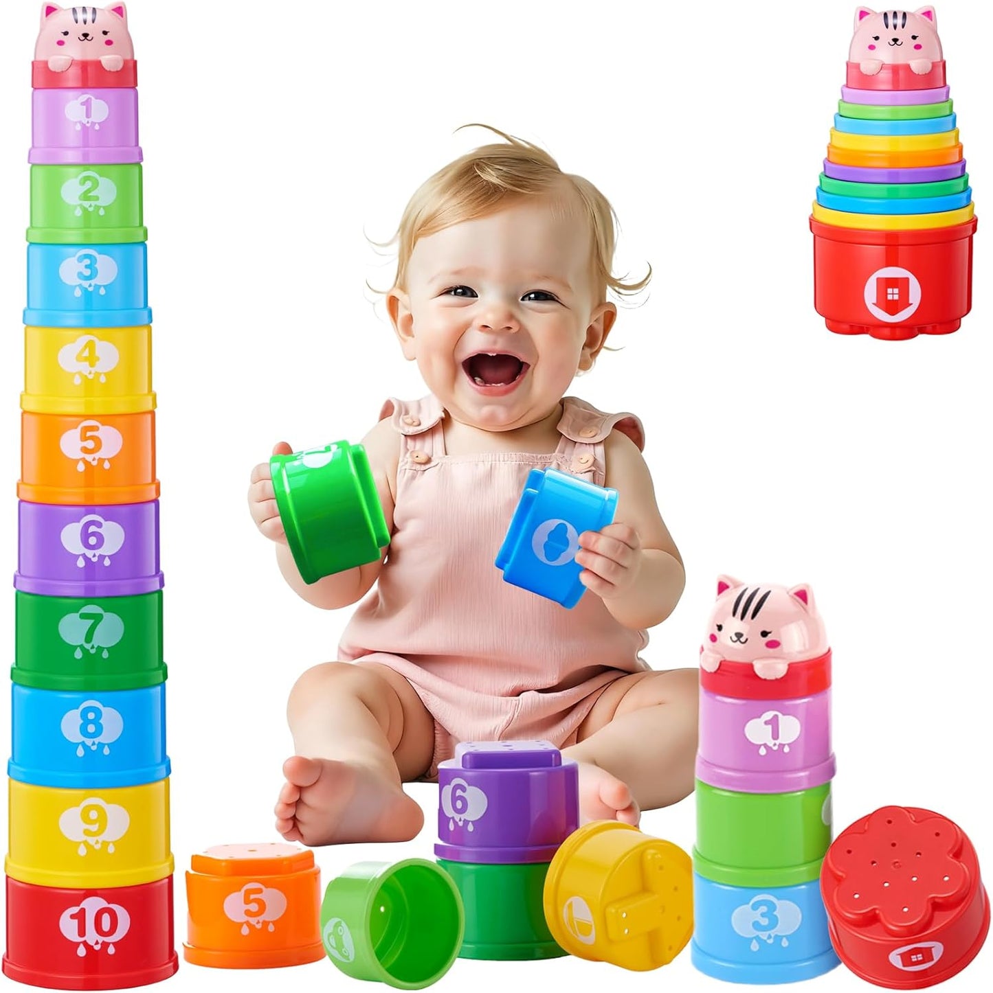 WEEJOYGAM Baby Stacking Cups, Nesting Stacking Toys for Toddlers 1-3 with Light and Sound, Montessori Toys for 1 Year Old Babies 6-12 12-18 Months Easter Gift Color Stack Bath Beach Blocks Rainbow Set