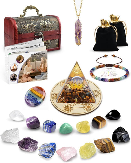 Crystals and Healing Stones, 9 Pcs Healing Crystals Set, 7 Chakra Crystal Stones Set Real Natural Selenite Pyramid Reiki Raw Rock Energy Protection Meditation with Wooden Box, Crystal Gifts for Women