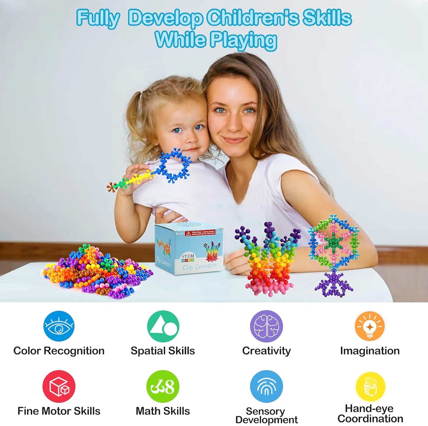 Clip Connect 120 Piece Building Blocks | Diameter 1.26", STEM Building Toys Set Kindergarten Math Manipulatives for Kids Boys Girls, Educational Preschool Toys Activities Homeschool Supplies