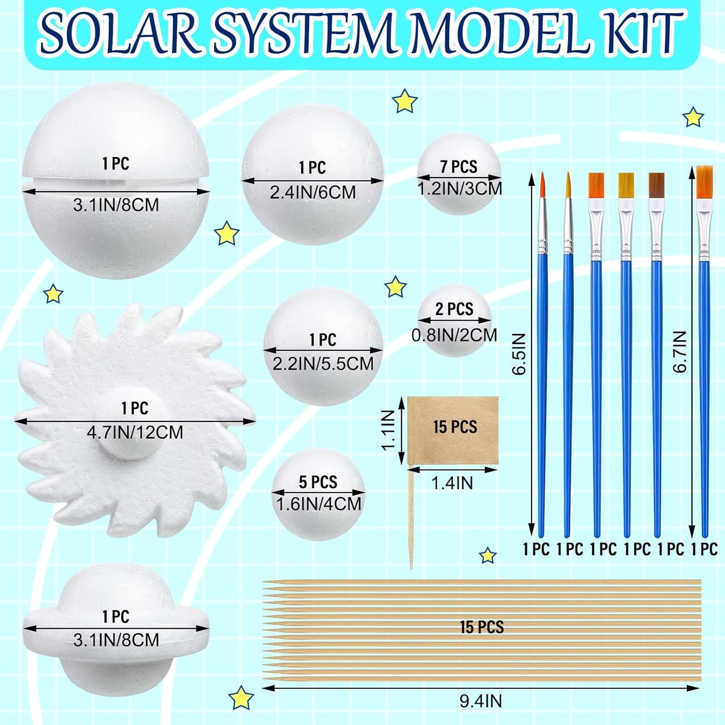 Jutom 56 Pcs Solar System Project Kit Solar System Model Includes 20 Mixed Sized Foam Balls, 15 Sticks, 15 Food Stick Flag, 6 Painting Brushes for School Science DIY Planet Handcraft