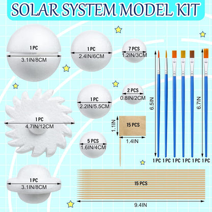 Jutom 56 Pcs Solar System Project Kit Solar System Model Includes 20 Mixed Sized Foam Balls, 15 Sticks, 15 Food Stick Flag, 6 Painting Brushes for School Science DIY Planet Handcraft