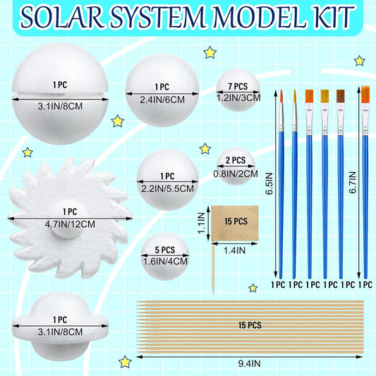 Jutom 56 Pcs Solar System Project Kit Solar System Model Includes 20 Mixed Sized Foam Balls, 15 Sticks, 15 Food Stick Flag, 6 Painting Brushes for School Science DIY Planet Handcraft