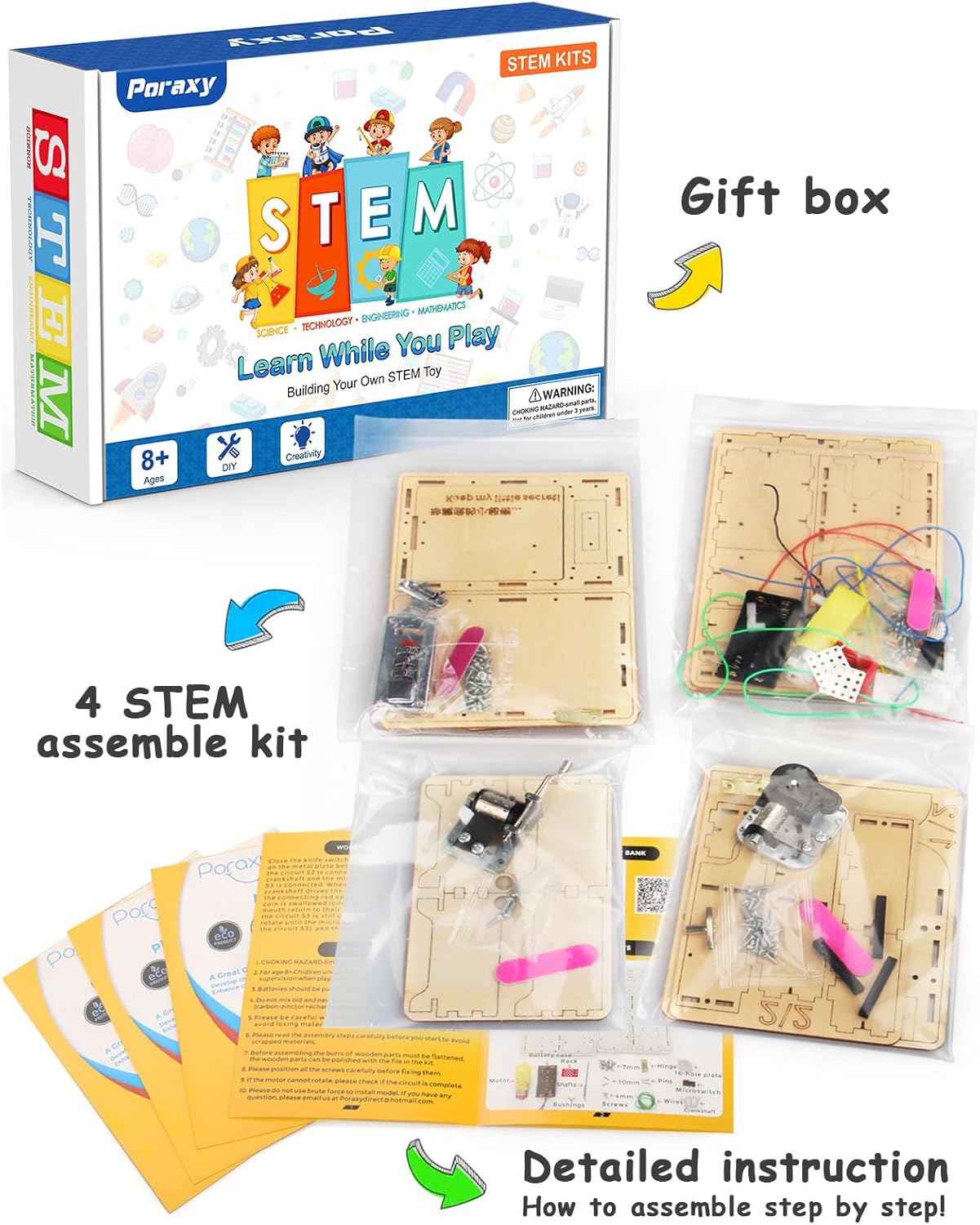 Poraxy 4 Set STEM Kits for Kids Ages 8-10 10-12, Toys for Ages 8-13, Music Box, Robot 3D Puzzle Educational Science Building Projects Crafts, Birthday Gifts for Boys Girls 7 8 9 10 11 12 13 Year Old