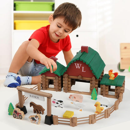 Wondertoys 208 Pcs Wooden Log Set - Classic Building Logs Ages 3+ - Best Retro Building Gift Set for Boys - Creative Construction Engineering Educational Gifts