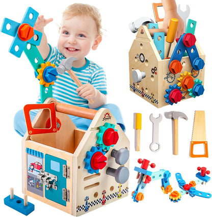 GAIETYDIY Toddler Tool Set - 33 PCS Wooden Kids Tools with Box/Bench/Tool House, Montessori Educational Pretend Play Preschool Toys Gifts for 3 Year Old Boy Girl Kids, STEM Fine Motor Skills Tool Set