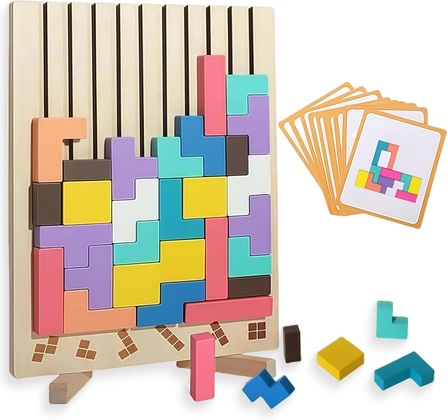 Wooden Block Stacking Puzzle Toy, Sliding Tiles Game, Russian Block Game with Pattern Cards, Stress Relief Toy,Giant Jigsaw Puzzle Board