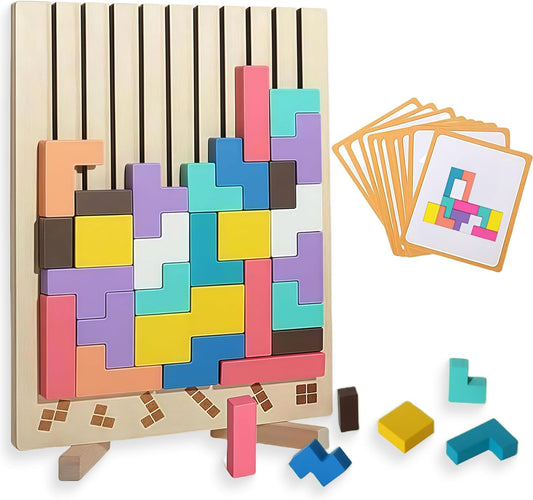 Wooden Block Stacking Puzzle Toy, Sliding Tiles Game, Russian Block Game with Pattern Cards, Stress Relief Toy,Giant Jigsaw Puzzle Board
