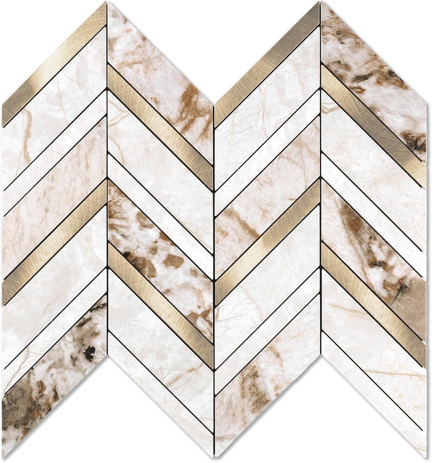Yipscazo 10 Sheets Herringbone Backsplash Peel and Stick Tile, Marble Calacata Mixed Metal Gold PVC Stick on Backsplash for Kitchen, Waterproof Self Adhesive Wall Tile for Bathroom