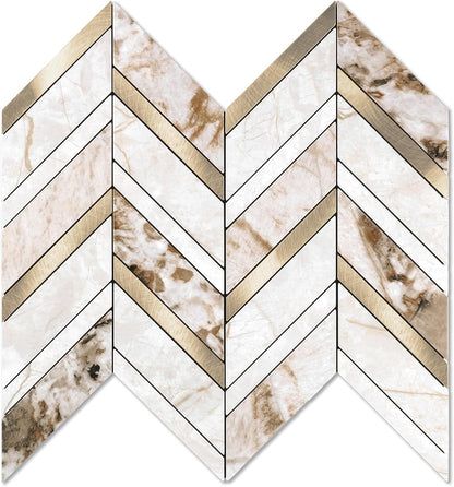 Yipscazo 10 Sheets Herringbone Backsplash Peel and Stick Tile, Marble Calacata Mixed Metal Gold PVC Stick on Backsplash for Kitchen, Waterproof Self Adhesive Wall Tile for Bathroom