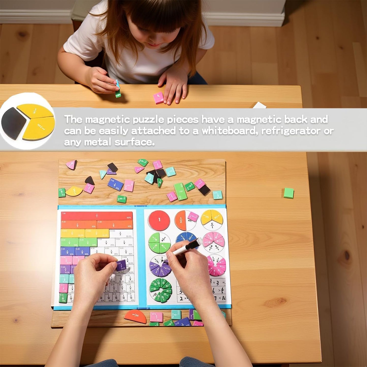 Magnetic Fraction Demonstration Book, 102 Pcs Magnetic Fraction Disc Set, Montessori Math Teaching Aid for Kids 3+ (Dinosaur)
