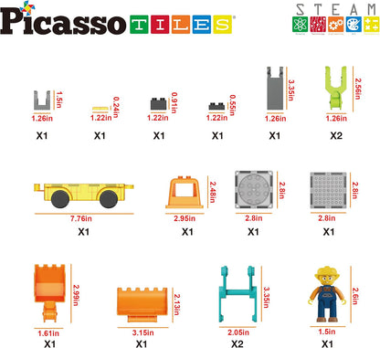 PicassoTiles Magnet Tile Construction Themed Building Blocks 5-in-1 Crane, Ladder, Dump Truck, Excavator, and Backhoe Action Figures, 2 Car Base Vehicles Magnetic Tiles Learning Toys Kids Ages3+ PTU06
