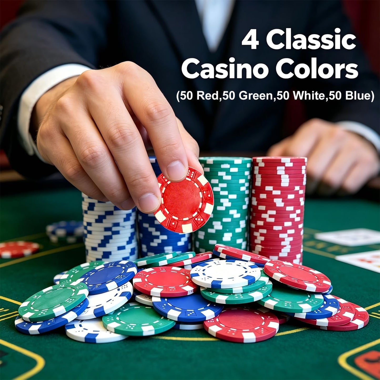 SEETOOOGAMES 100 Pieces 11.5g Clay Composite Dice Striped Casino Poker Chips- 4 Colors (red, Green, White and Blue)