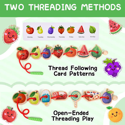 Wooden Greedy Caterpillar Rope Toy, 2.5in Fruit & Vegetable Caterpillar Lacing Bead String Game, Montessori Fine Motor Skills Farm Toys for 3+ Year Old