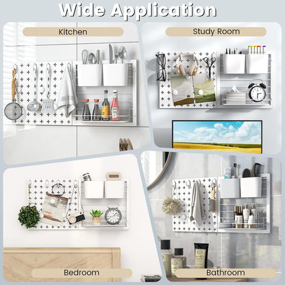 Goplus Peg Board, Metal Pegboard Kit with 2 Pegboard Panels, 12 Accessories, Storage Rack, 2 Storage Containers, Magnets & Hooks, White Pegboard Wall Organizer for Office Kitchen Home