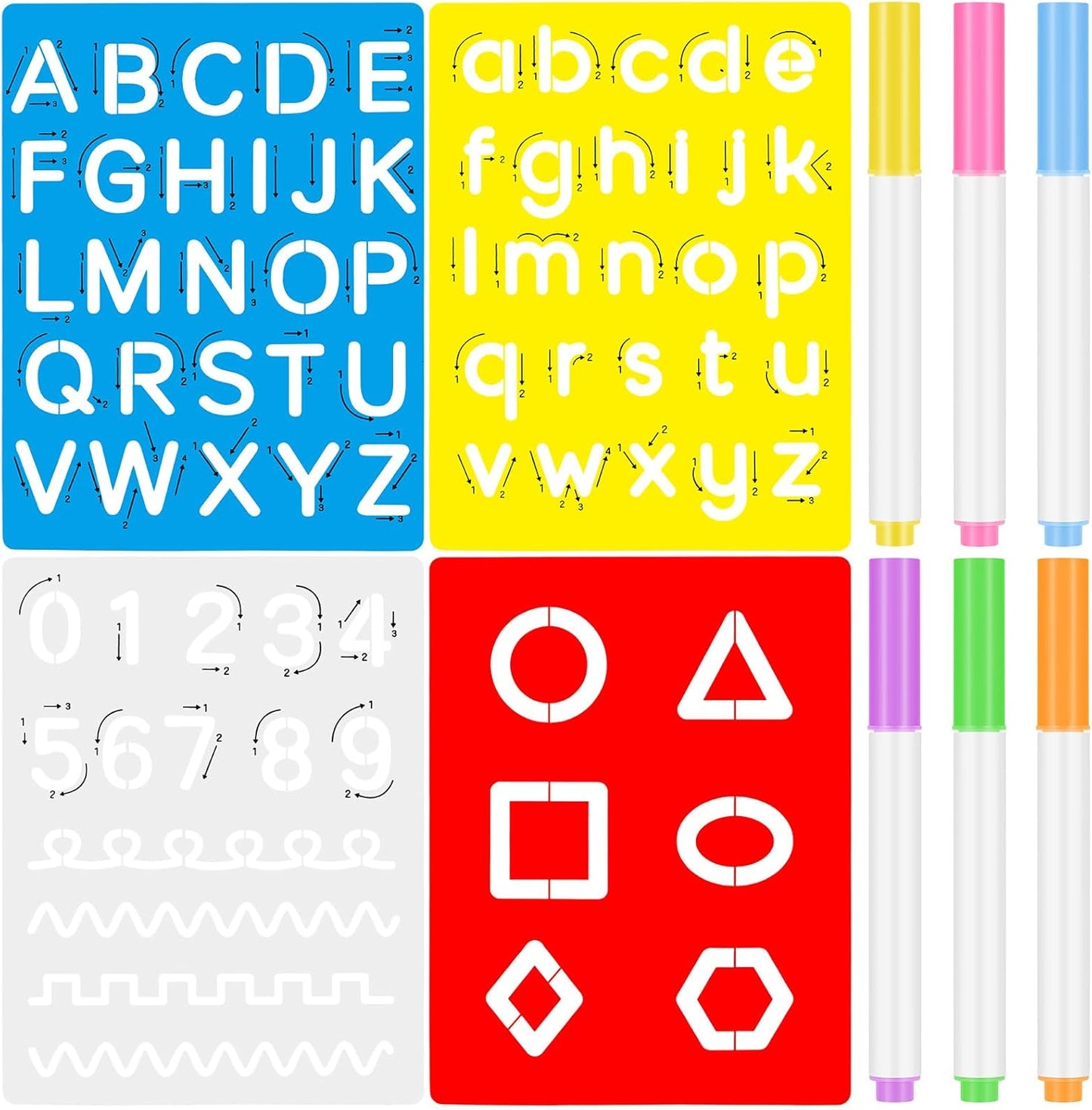 Gersoniel 10 Pieces Preschool Letters and Numbers Alphabet Stencils Colorful Double Sided Tracing Board PET Paint Boards with Craft Markers Marker Paint Pens Preschool Learning Toys