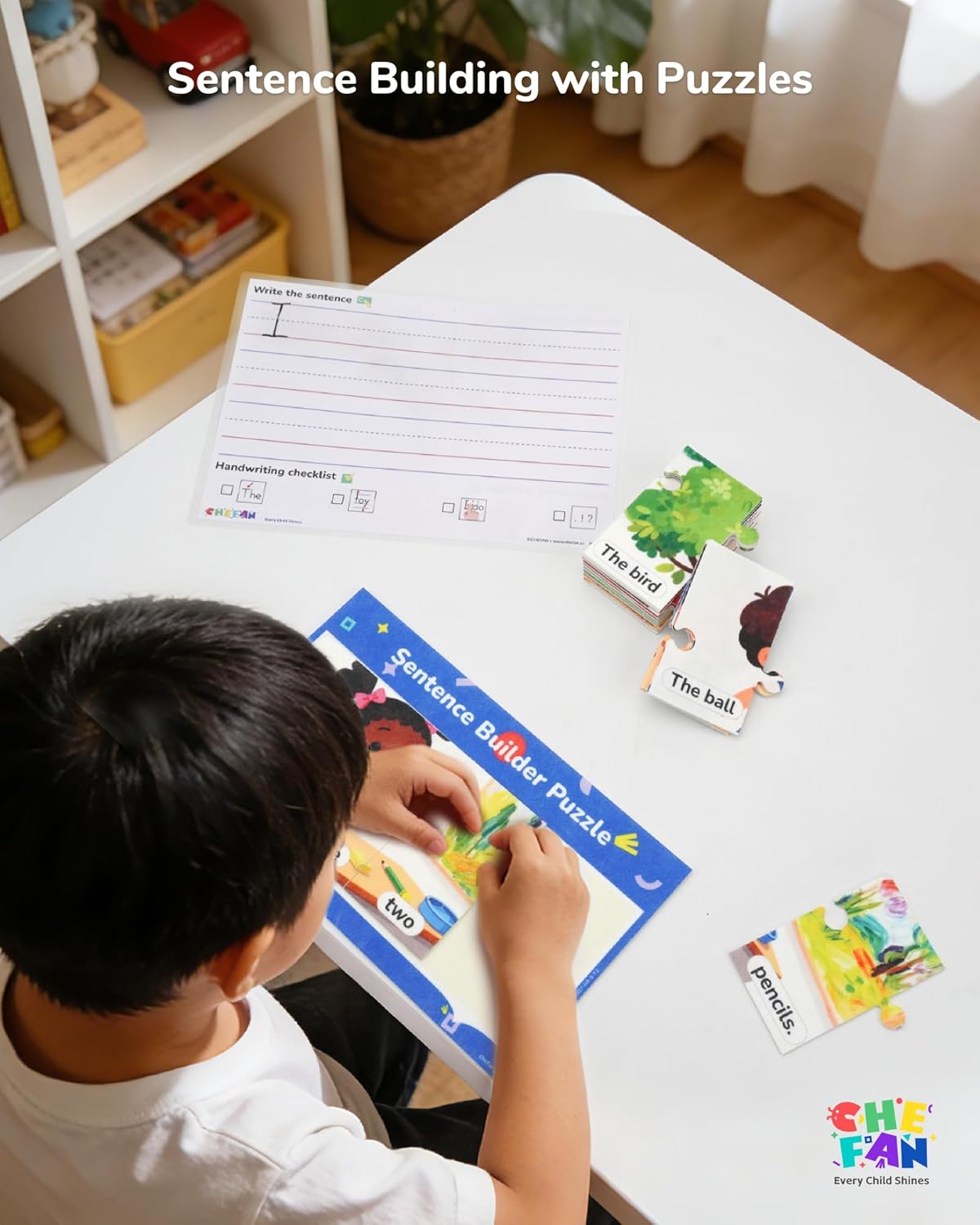 CHEFAN Sentence Building Puzzle for Kids, Reading & Writing Learning Game with Sight Words & Phonics, Sentence Board & Writing Board, Speech Therapy Toy for Preschool PreK Kindergarten 1st Grade