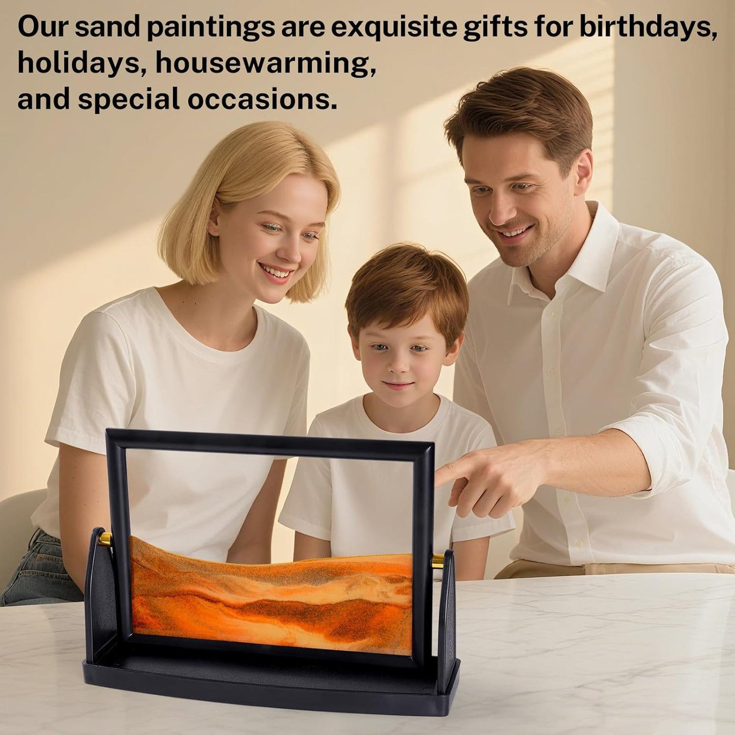 BOLGRLONG Moving Sand Art Liquid Motion 3D Dynamic Mountains Sandscape Painting, Square Glass Sands Painting with Easy-Flip Stand, Sensory Relaxing Decor for Home and Office (9") (Black)
