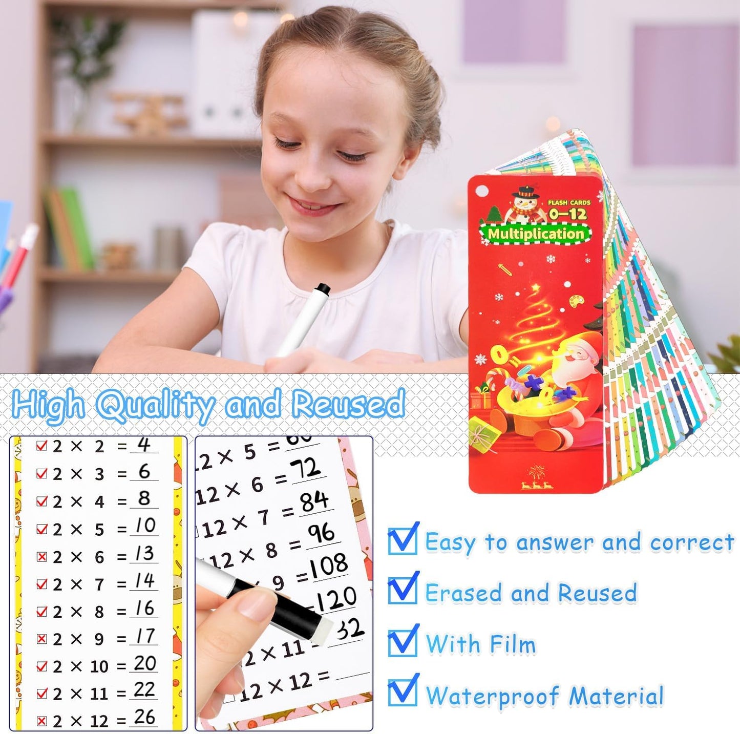 0-12 Multiplication Flash Cards, Large Educational Math, Times Table Flashcards Chart, with 15 Cards, 2 Dry Erase Markers, 1 Rings, Educational Multiplication for Classroom Home