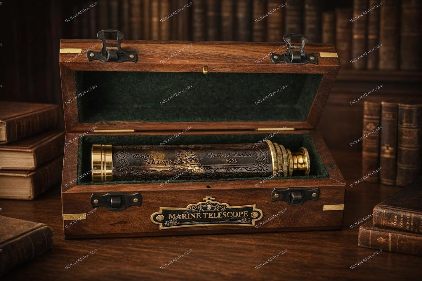 14" Handheld Brass Telescope with Engraved Imprints – Pirate Collection Spyglass with Wooden Box – Vintage Nautical Collectible, Antique Brass Pirate Scope Gift
