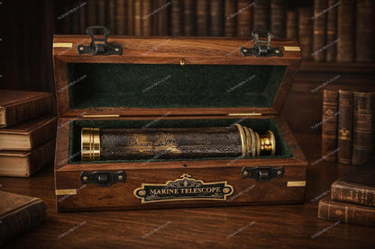 14" Handheld Brass Telescope with Engraved Imprints – Pirate Collection Spyglass with Wooden Box – Vintage Nautical Collectible, Antique Brass Pirate Scope Gift