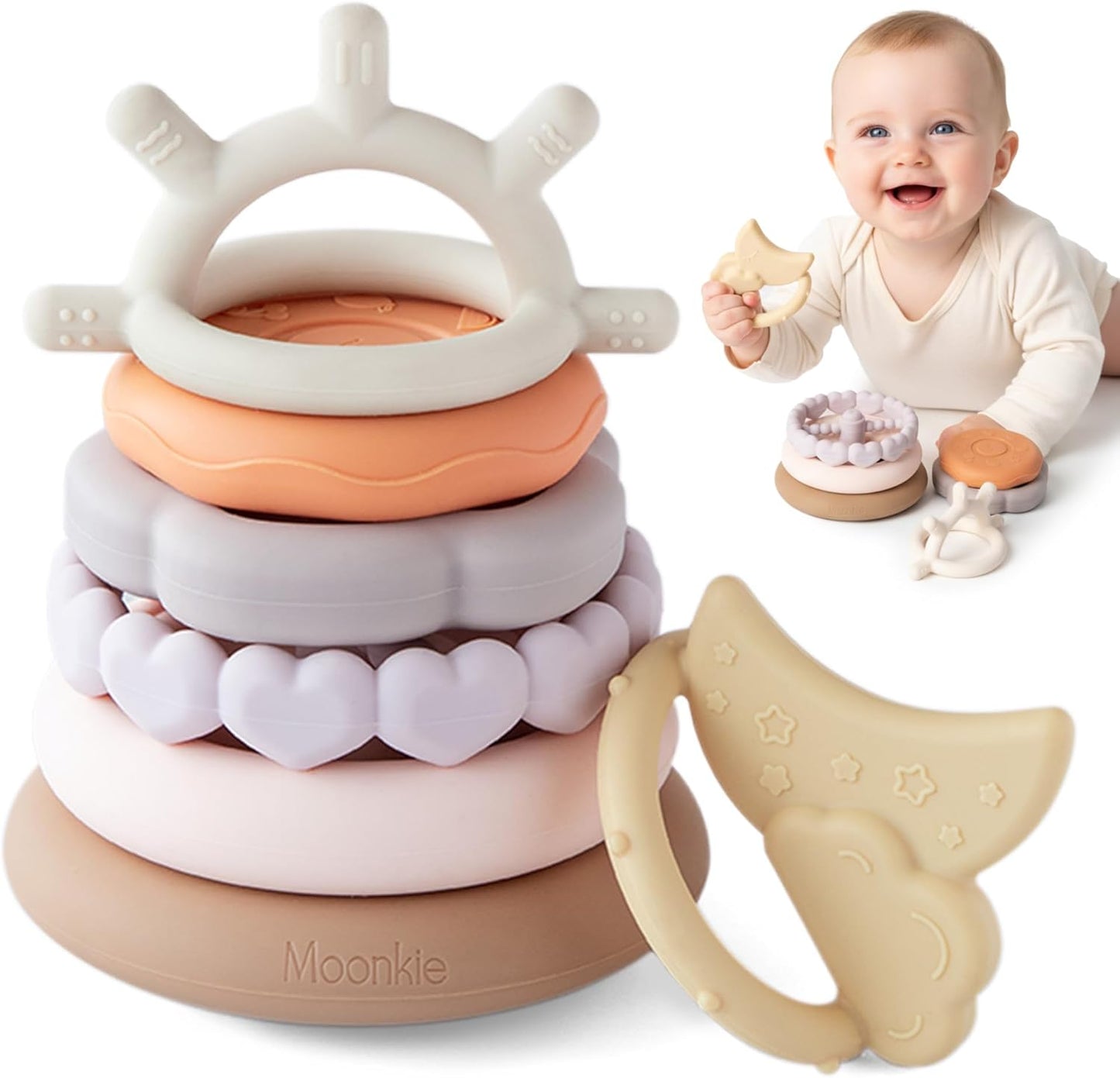 Moonkie Stacks of Circles Soft Teething Toy | Educational Learning Baby Toy | Stacking Ring Toys for Babies Boy and Girl | 7 Piece Teethers Set