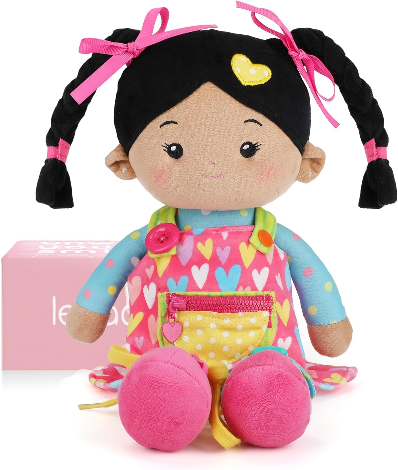 LeyaDoll Soft Bady Educational Soft Baby Doll(16''), Learning Sensory Doll for Toddlers, Montessori Toys for 2-Year-Old Girls Christmas, Birthday Gifts, Plush Doll with Button-Busy Cupcake-Girl