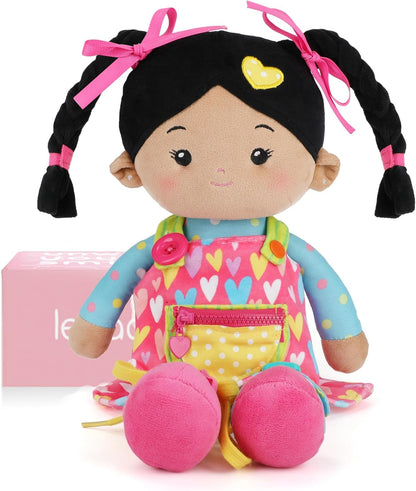 LeyaDoll Soft Bady Educational Soft Baby Doll(16''), Learning Sensory Doll for Toddlers, Montessori Toys for 2-Year-Old Girls Christmas, Birthday Gifts, Plush Doll with Button-Busy Cupcake-Girl