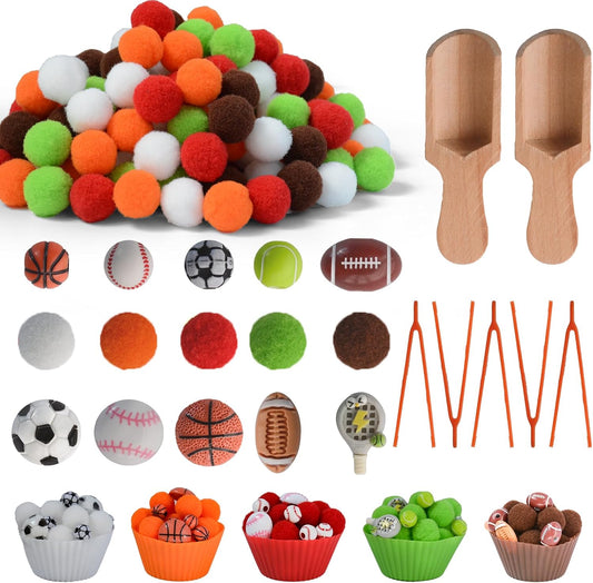 196Pcs Sensory Bin Filler, Fine Motor Toys Bee Themed Sensory Bin Items Counting Sorting Toy Colorful Pom Poms Cup Bee Honeycomb Wooden Scoop for Preschool Education Activities