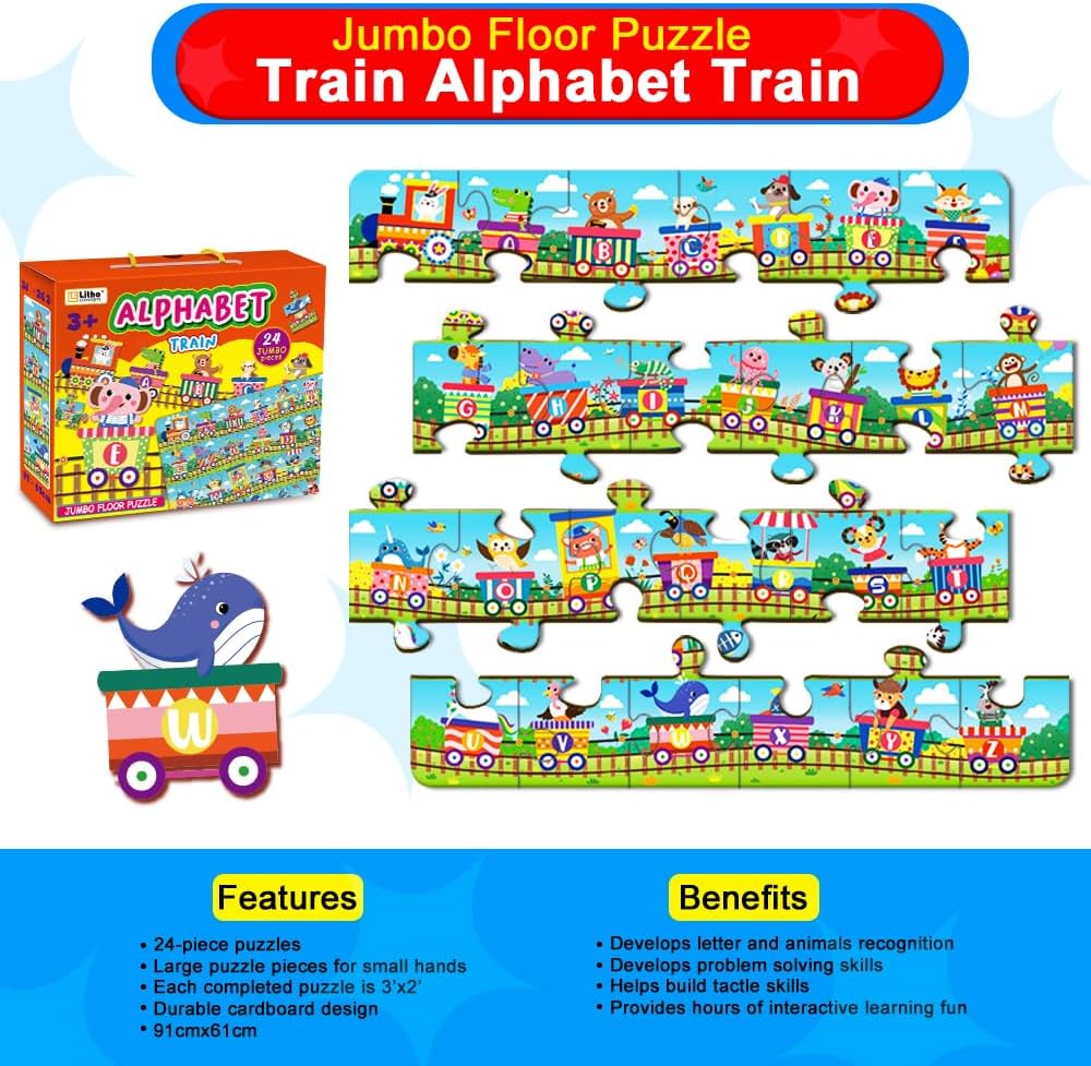 Learn ABCs with Fun! 24-Piece Alphabet Train Jumbo Floor Puzzle for Toddlers - Interactive Educational Toy for Ages 3+
